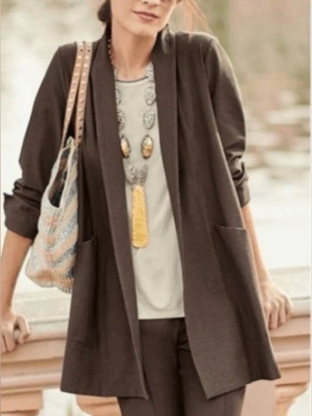 Eileen Fisher Stretch Crepe Cedar Brown Shawl Collar Open Cardigan Jacket Size S